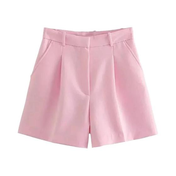 Imagem de Shorts Plissados Baggy de Cintura Alta - Preto, Rosa e Branco - Moda Casual de Verão