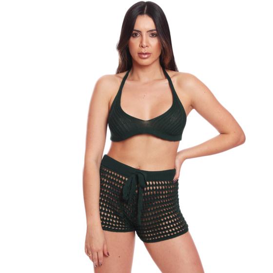 Imagem de Shorts Praia Feminino Tricot Saída de Praia Píscina Curto Cordinha Biquini Verão