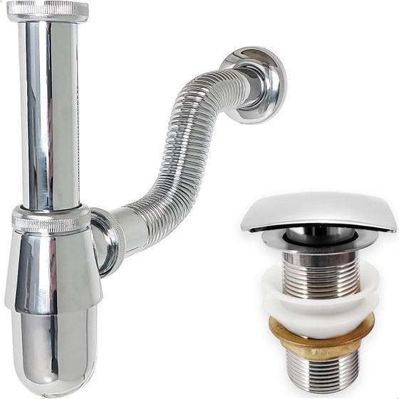 Imagem de Sifão Copo Cromado Metal 1 1/4 Ajustável E Valvula Click Quadrada Inox 40mm Kit Pia Lavatório Cuba Banheiro Sifão Aparente Tubo De Saída Adaptável 