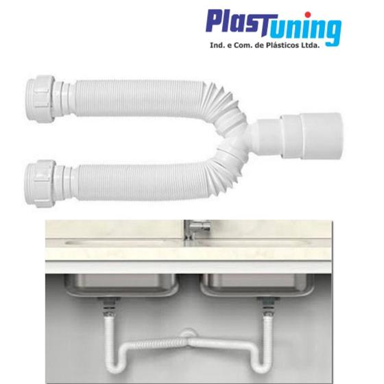 Imagem de Sifão Sanfonado ( DUPLO PLASTUNING ) Pia Flexível Extensível Universal Branco