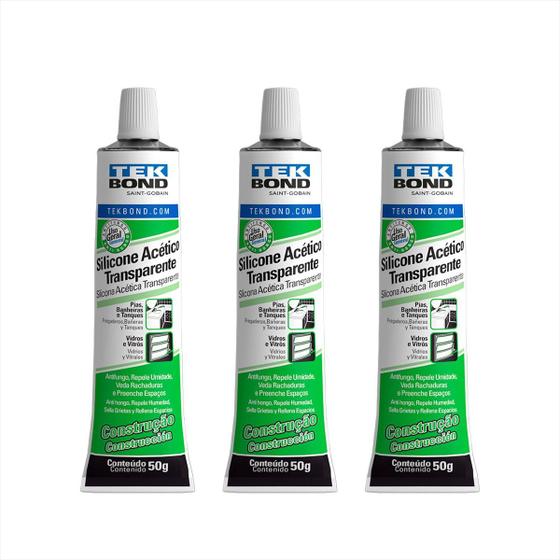 Silicone Acético Transparente Adesivo Bisnaga 50g Kit 3und Menor preço em Silicone Acético Transparente Adesivo Bisnaga 50g Kit 3und