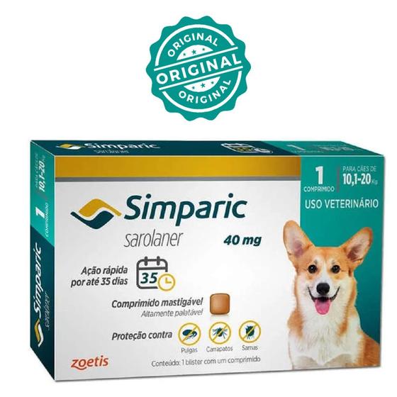 Imagem de Simparic 01 Comprimido Antipulgas e Carrapatos Cães de 10,1 a 20Kg ORIGINAL