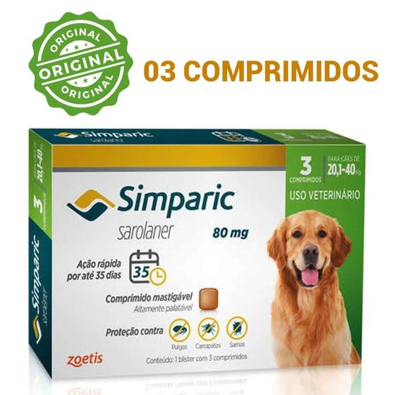 Imagem de Simparic 03 Comprimidos Antipulgas e Carrapatos Cães de 20,1 a 40Kg ORIGINAL