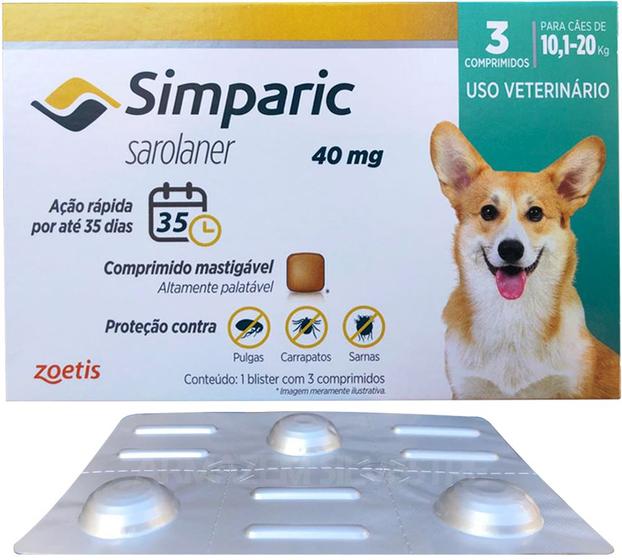 Simparic 10 A 20 kg 40mg 3 Comprimidos Mastigáveis Palatáveis Pulgas ...