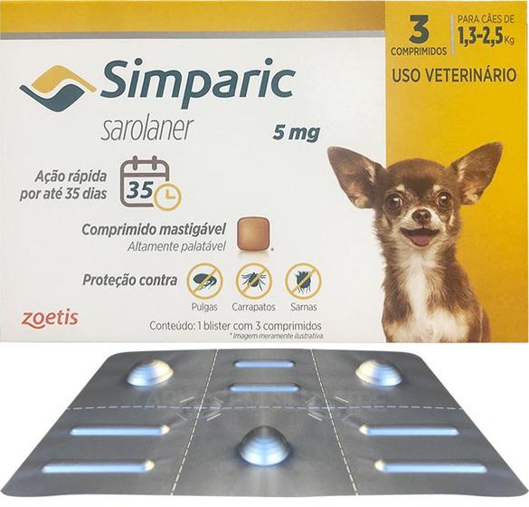 Simparic Antipulgas E Carrapatos 5mg - Para Cães 1,3 A 2,5kg, Kit Com 2 Comprimidos