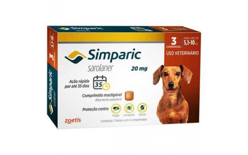 Imagem de Simparic 20 mg Antipulga, Carrapato e Sarna Cães 5 A 10 Kg - Combo 3 Compr. 
