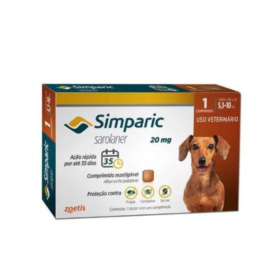 Imagem de SIMPARIC 20 mg - Antipulgas e Carrapatos para Cães de 5 a 10 kg - 1 Comprimido