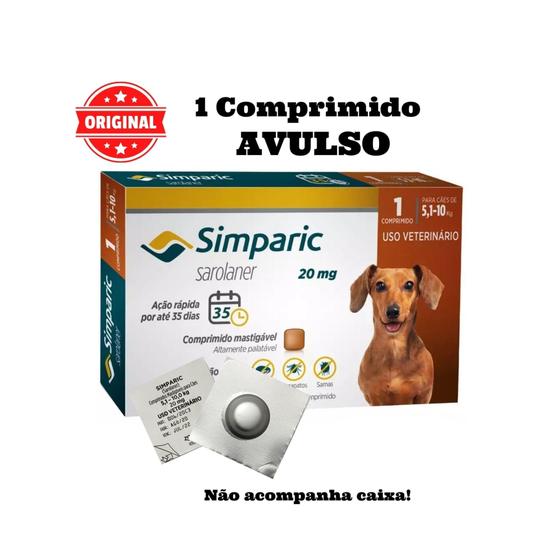 Simparic 20mg Antipulga, Carrapato e Sarna Cães 5 A 10 Kg- 1 Compr ...