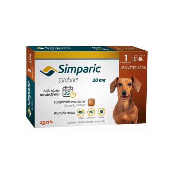 Imagem de Simparic 20mg Antipulgas Cães 5 A 10 Kg 1 Comprimido