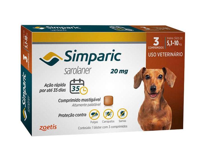 Imagem de Simparic 20mg Zoetis 3 Comprimidos Antipulgas Cães 5,1 A 10kg
