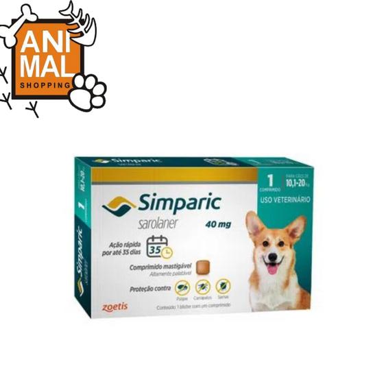 Imagem de Simparic 40 mg - Para cães de 10,1kg a 20 kg -1 Comprimido - ANTIPULGAS