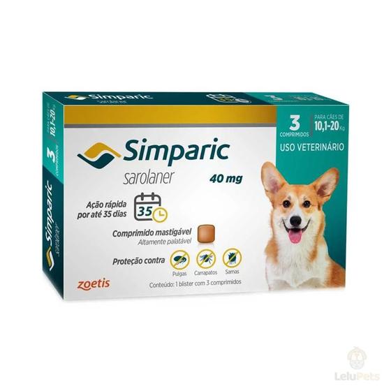 Imagem de Simparic 40mg - Cães 10,1 a 20kg - 3 comprimidos palatáveis - Pulgas Carrapatos Sarnas - Zoetis