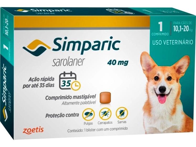 Imagem de Simparic 40mg para de Cães 10,1 a 20kg - 1 Comp. - Zoetis