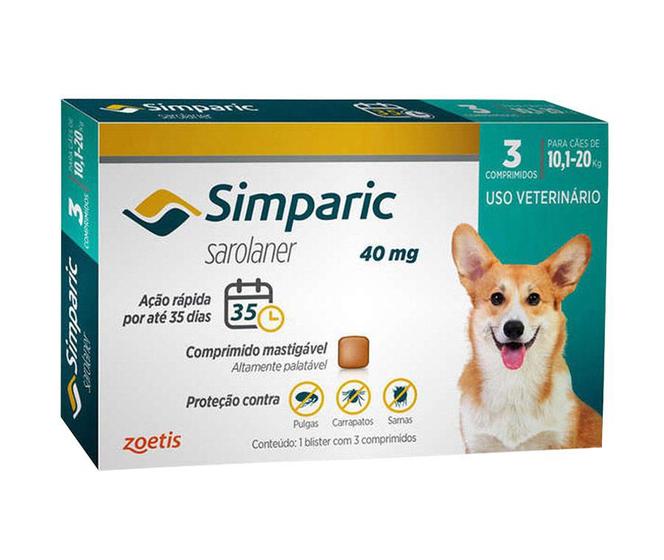 Imagem de Simparic 40mg Zoetis 3 Comprimidos Antipulgas Cães 10,1 A 20kg