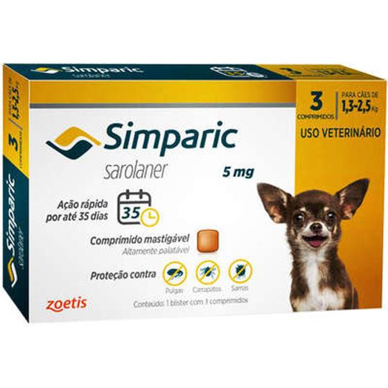 Simparic 5mg Antipulgas e Carrapato Cães de 1,3 a 2,5 kg 3 comprimidos Menor preço em Simparic 5mg Antipulgas e Carrapato Cães de 1,3 a 2,5 kg 3 comprimidos