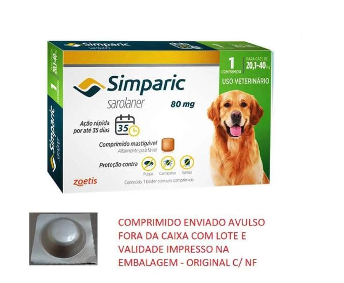 Simparic 80mg- 20,1 a 40kg unitário (avulso sem caixa, com validade lote NF) - Zoetis Menor preço em Simparic 80mg- 20,1 a 40kg unitário (avulso sem caixa, com validade lote NF) - Zoetis