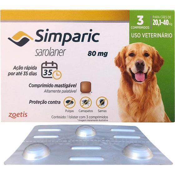 Imagem de Simparic 80mg Antipulgas para Cães de 20,1 a 40kg 3 Comp