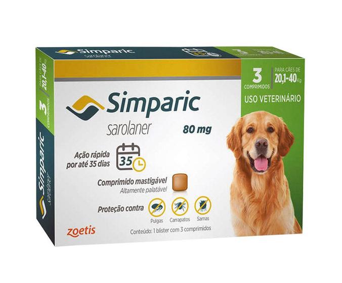 Imagem de Simparic 80mg Zoetis 3 Comprimidos Antipulgas Cães 20,1 A 40kg