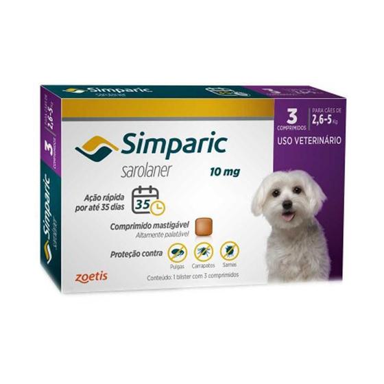Imagem de Simparic Antipulgas e Carrapatos Para Cães 2,6 a 5kg com 3 Comprimidos