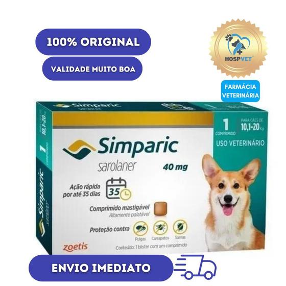 SIMPARIC ANTIPULGAS PARA CAES DE 10 a 20kg 1 comprimido - zoetis Menor preço em SIMPARIC ANTIPULGAS PARA CAES DE 10 a 20kg 1 comprimido - zoetis