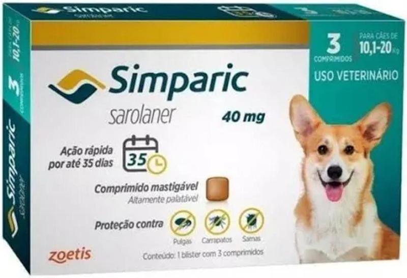 Simparic antipulgas para cães de 10,1 a 20kg - 40mg - cx com 3 compr ...