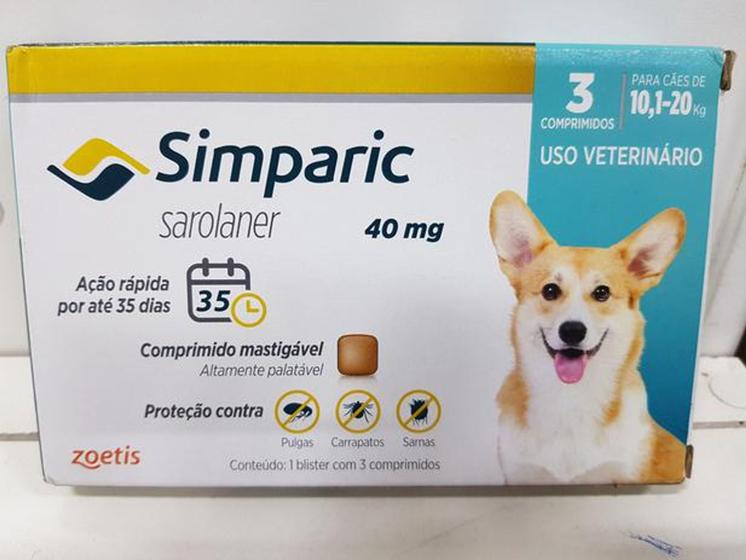 Imagem de Simparic antipulgas para Cães de 10,1 a 20Kg - 40mg - cx com 3 compr - Zoetis