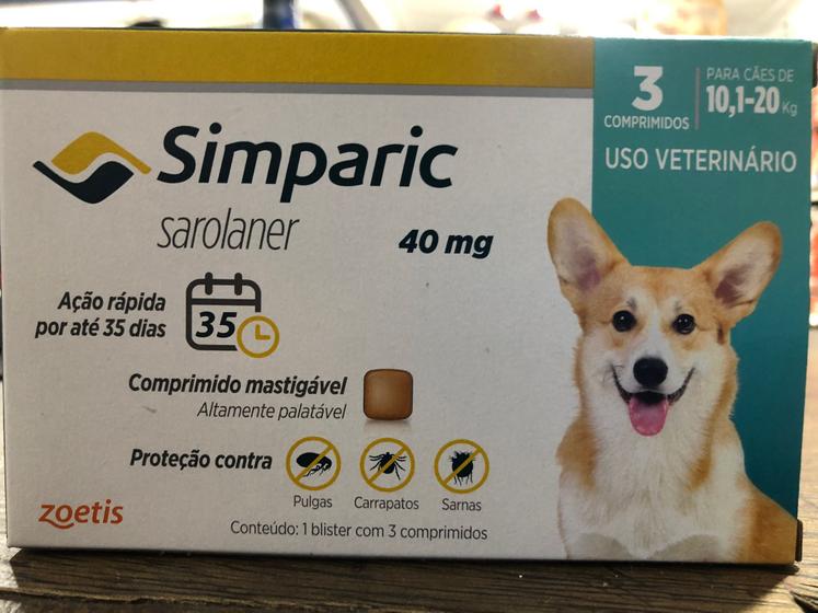 Simparic antipulgas para Cães de 10,1 a 20Kg - 40mg - cx com 3 compr - Zoetis é boa?
