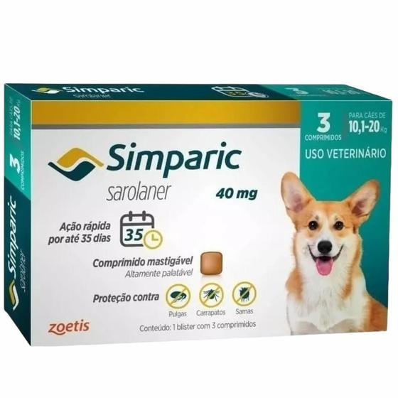 Imagem de Simparic antipulgas para Cães de 10,1 a 20Kg 40mg cx com 3 comprimidos  Zoetis 