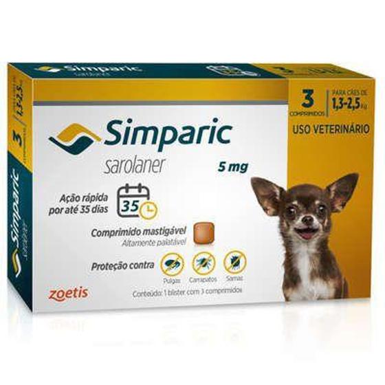 Imagem de simparic antipulgas  para Cães de 1,3 a 2,6Kg - 5mg - 3 comprimidos - Zoetis