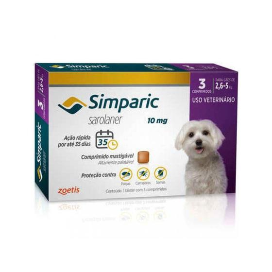 Imagem de Simparic antipulgas para Cães de 2,6 a 5Kg - 10mg - cx com 3 compr - Zoetis