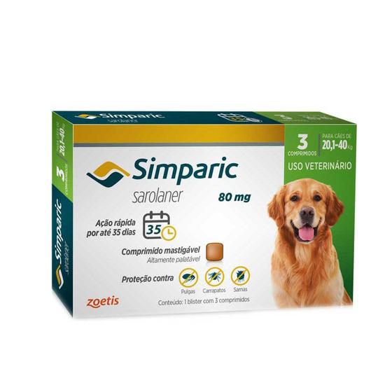 Simparic Cães 20,1 A 40kg 80mg Antipulgas E Carrapatos Com 3 ...