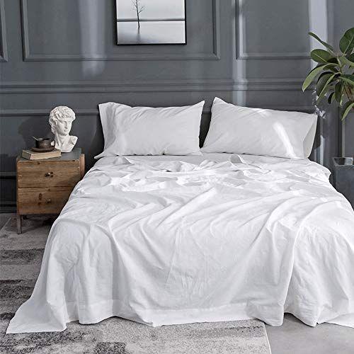 Imagem de Simples&Opulência Conjunto de Lençóis de Linho Belga Cor Sólida - 4 Peças (1 Lençol Plano, 1 Lençol Embutido e 2 Fronhas) Mistura de Algodão de Linho Natural Soft Breathable Farmhouse Bedding - Queen Size, Branco