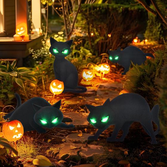 Imagem de Sinais de jardim, decorações de Halloween, gato preto ao ar livre, 4 peças com LED