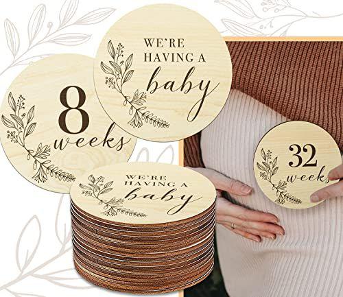 Imagem de Sinais de madeira do marco da gravidez para 8-40 semanas, Weekly Baby Bump Tracker Milestone Discs Baby Shower Gifts for Pregnant Moms, Gender Neutral Baby Announcement Cards