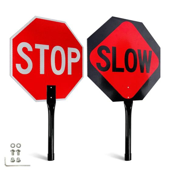 Imagem de Sinal de trânsito Faittoo Stop Slow 18x18 em alumínio com alça de metal
