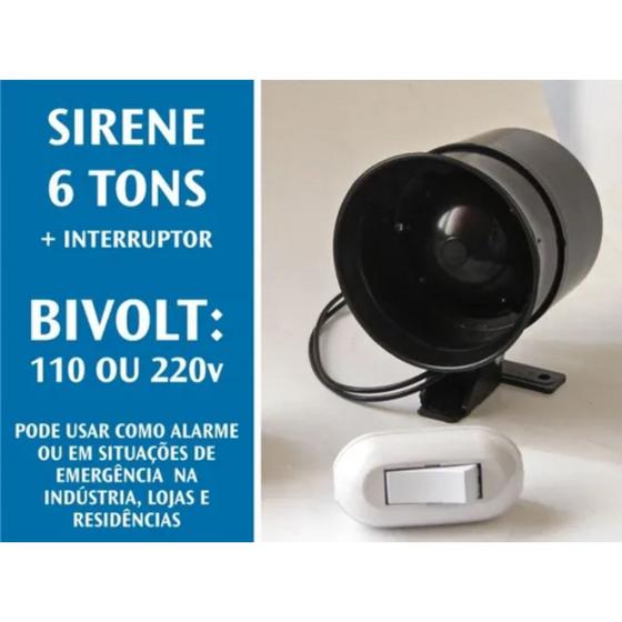 Imagem de Sirene Alarme com 6 Tons Bivolt 110 Ou 220v + Interruptor