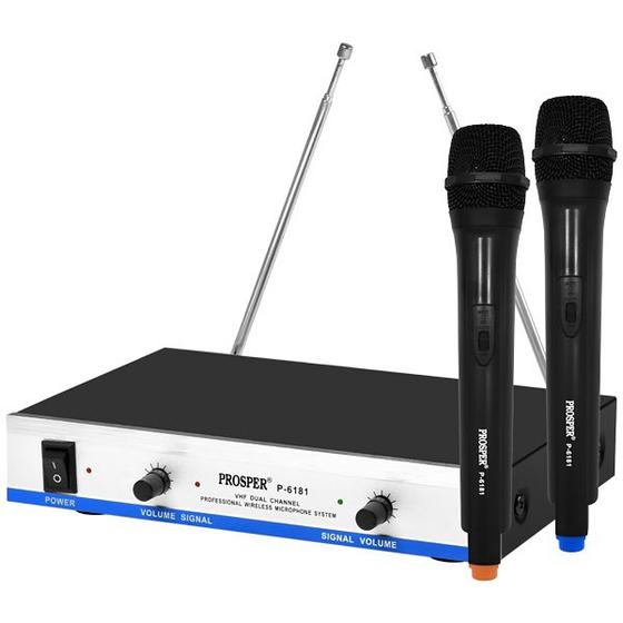 Imagem de Sistema de Microfone Sem Fio Prosper P-6181 com 2 Microfones 110- 220 V ~ 50/60 HZ - Preto/Prata