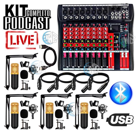 Imagem de Sistema Podcast Kit Profissional Mesa de Som 08 Canais BT + 4 Microfones Condensador