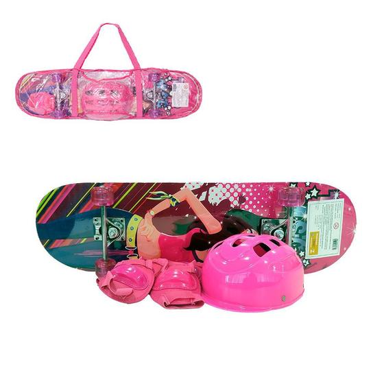 Imagem de Skate Infantil Menina Iniciante + Kit Proteção Rosa - Fenix Brinquedos