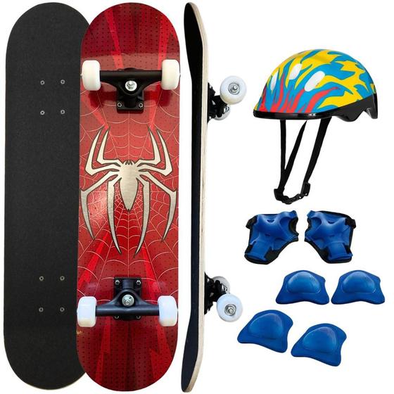 Imagem de Skate menino homem spider aranha com kit capacete proteção azul