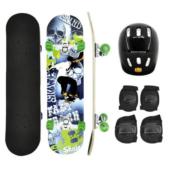 Imagem de Skate montado com kit protecao capacete joelheira acessórios infantil