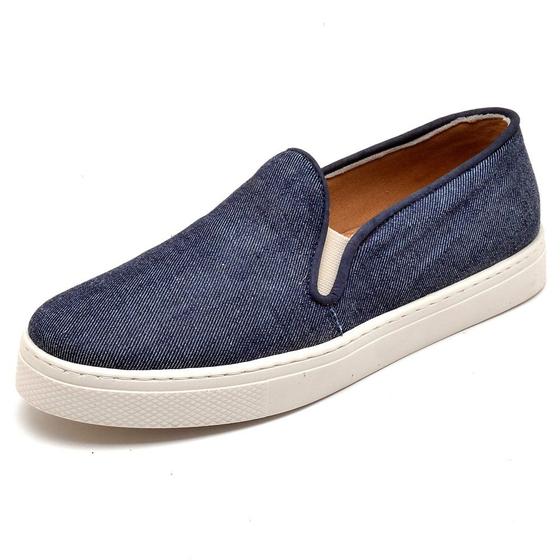 Imagem de Slip On Tenis Slipper Couro Feminino Jeans Moderno Sola Borracha Palmilha Conforto