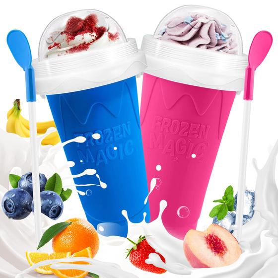 Imagem de Slushie Cup FANS-ONE Frozen Magic Squeeze Cup, pacote com 2 unidades, azul e rosa