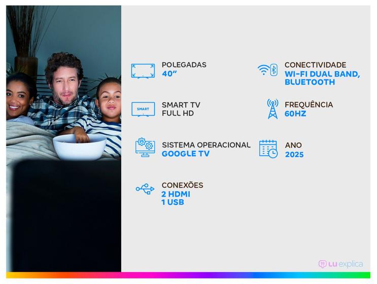 Família assistindo TV com pipoca, com ícones de especificações da TV ao lado
