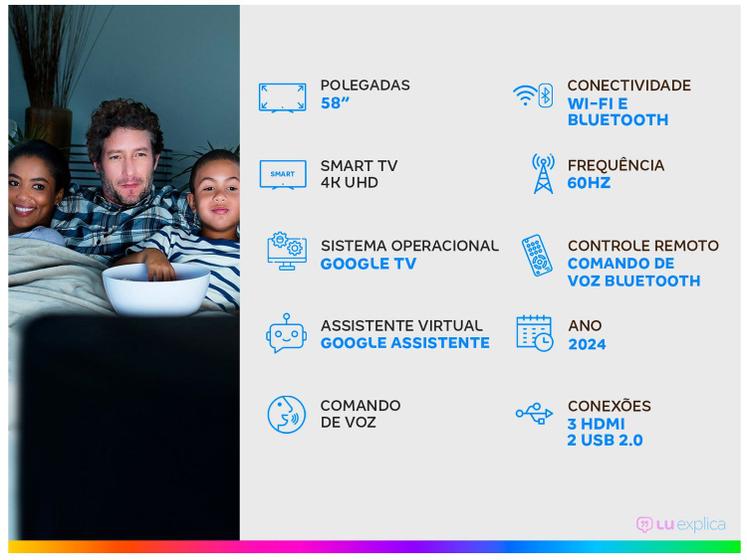 Infográfico detalhado com as especificações técnicas da Smart TV Philips 58 polegadas