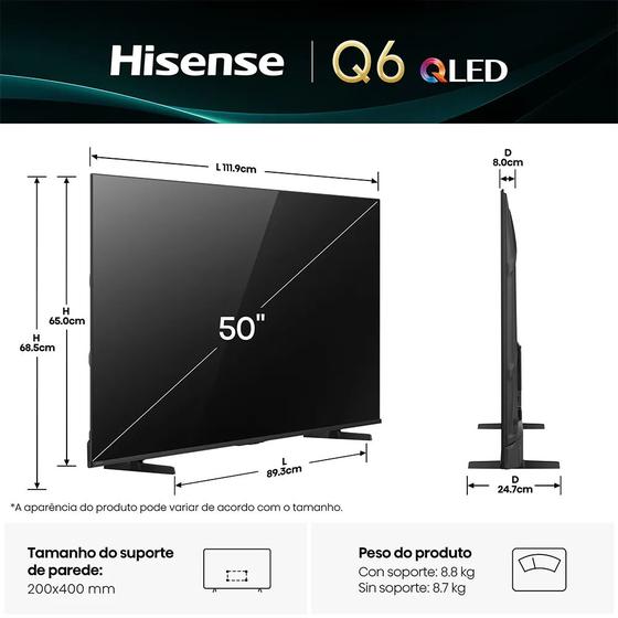 Diagrama técnico das dimensões da TV Hisense 50 polegadas, mostrando largura, altura e profundidade