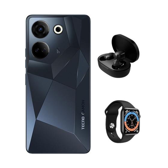 Imagem de Smartphone Camon 20 Tecno Preto 256gb 8gb Camera Tripla + Frontal 32Mp Tela 6,67 FHD+ com SmartWatch e Fone Bluetooth