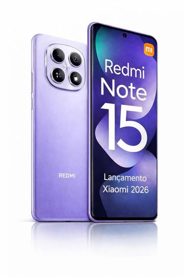 Smartphone Celular Xiaomi Redmi Note 15 256GB 8GB mais 8GB Lançamento 2026 Câmera 108MP 20MP AMOLED 120Hz FHD Plus Design Premium Água e Poeira