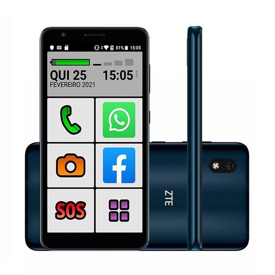 Imagem de Smartphone do Idoso 4G ZTE Letras Grandes, Botão SOS, Dual SIM 32GB 1GB RAM Tela 5.45" Câmera 8Mpx Android 9 - Cinza