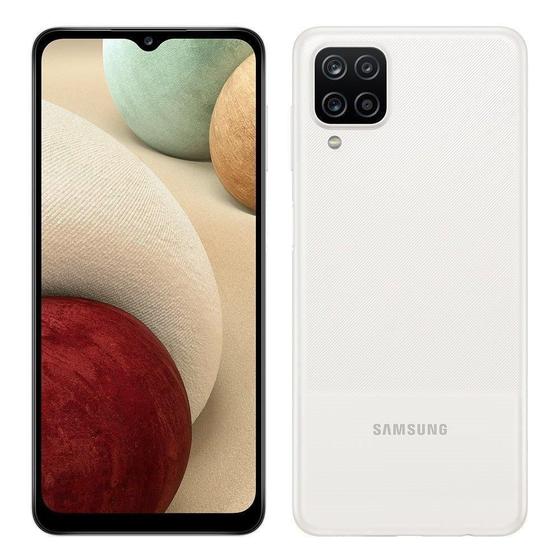 Imagem de Smartphone Samsung  Galaxy A12 Câmera Quádrupla Traseira Selfie de 8MP Tela Infinita de 6.5" 64GB 4GB RAM Octa Core Bateria de 5000mAh Dual Chip Branco